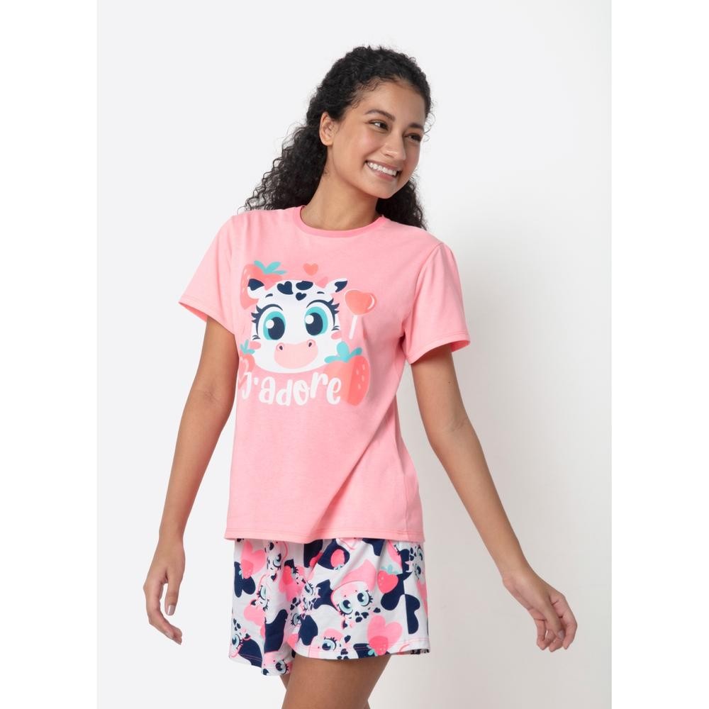 Pijama Feminino Rosa Verão Camiseta Manga Curta e Shorts Algodão 2 Peças Vaca Romântica Puket em Oferta na Shopee