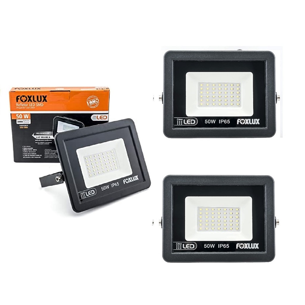 Kit 3 Refletor LED 50W Bivolt Luz Branca 6500K Foxlux em Oferta na Shopee