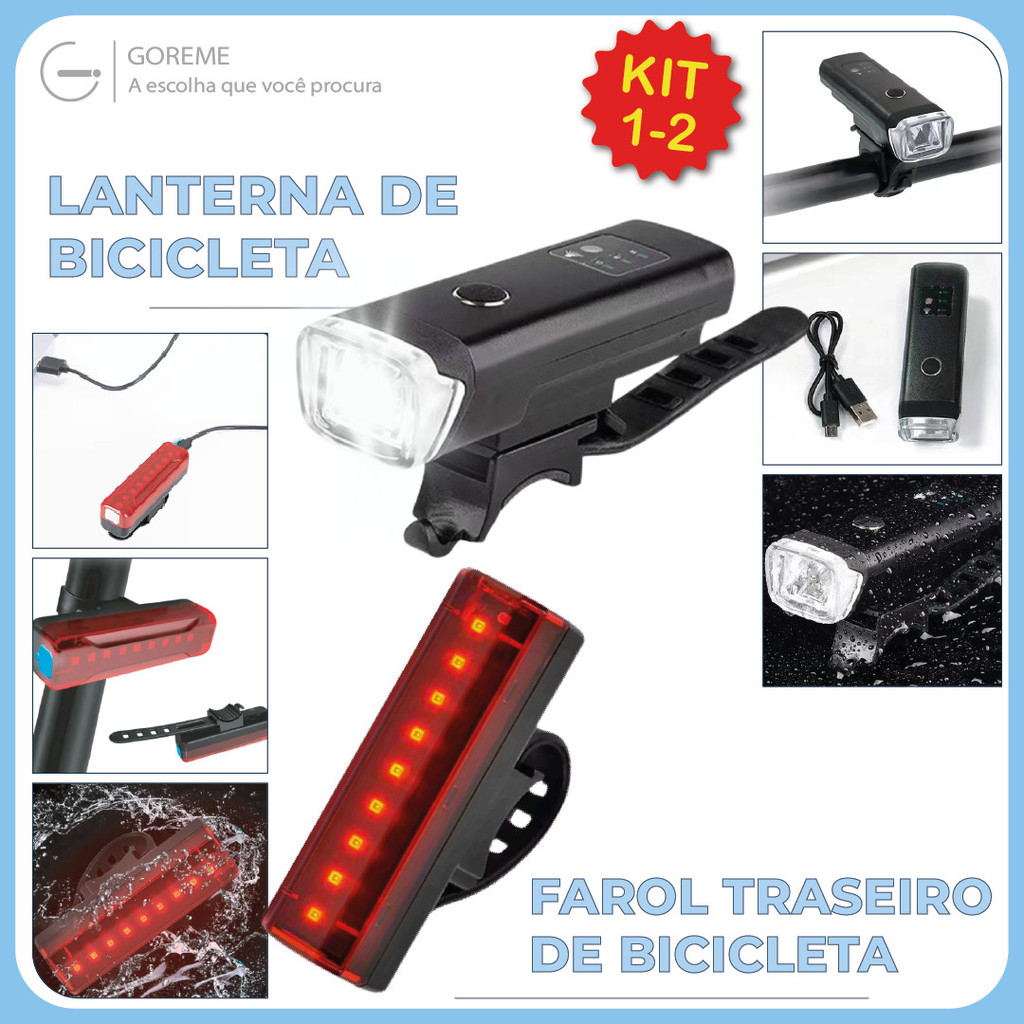 Lanterna Farol para Bicicleta + Sinalizador Traseiro Recarregável via USB para Bike em Oferta na Shopee