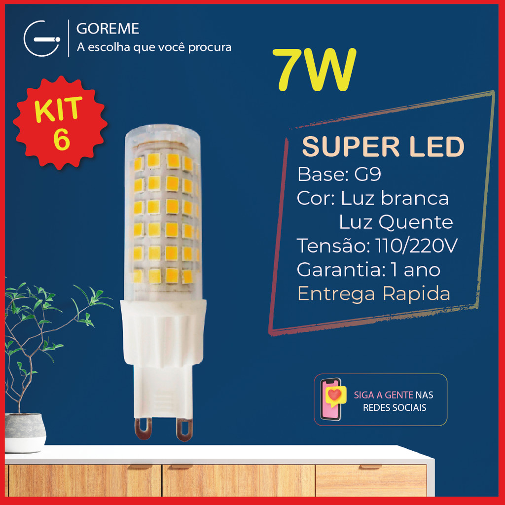 Kit 6 Lâmpadas LED 7W G9 Halopin 110V/220V, BrancoQuente3000K(Amarelo) e Branco Frio6500K Branco) arandelas e decoração - Home & Living