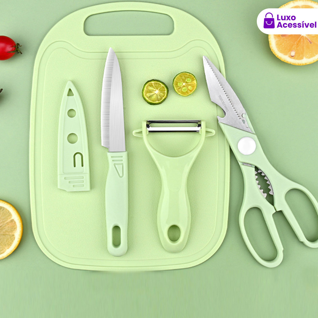 Kit De Utensílios De Cozinha 4 Peças - Faca Tesoura Descascador Tábua Culinária - Inox