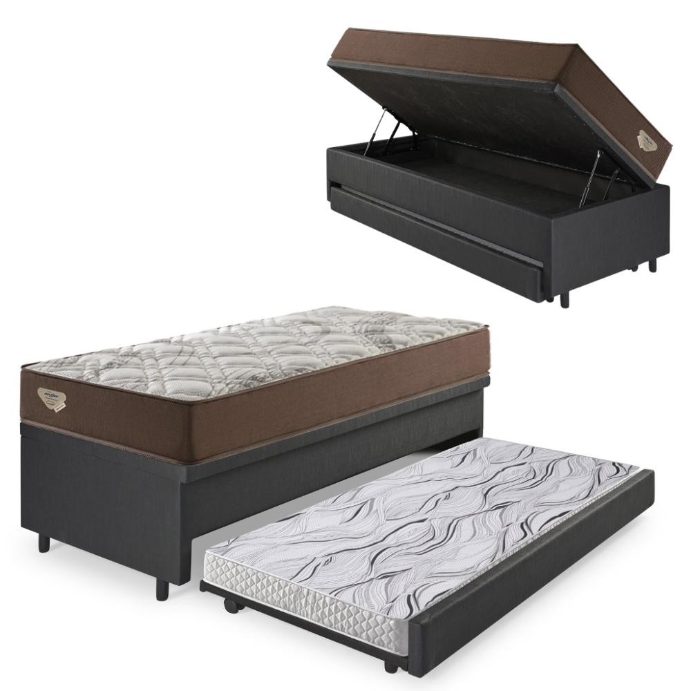 Bicama Box Baú com Courino Linho Preto 96x203 com Colchão Relax Adorabile Molas Ensacadas Ecoflex