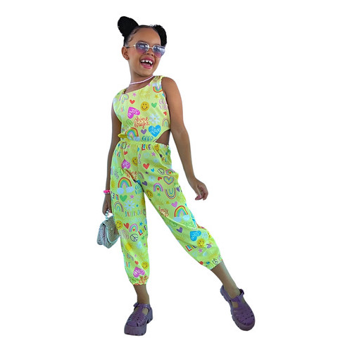 Macacão Luxo Infantil Meninas Verde Rosa Verão Comprida Tema