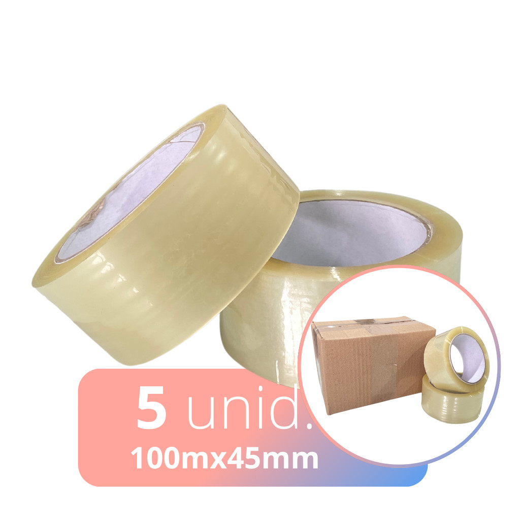 Kit 5 Rolos Fita Adesiva Transparente Larga 45mm x 100metros Durex Para Caixas Com Boa Colagem e Fixação