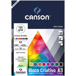 Bloco Criativo Cards A3 com 8 cores 120 grs com 32 folhas Canson