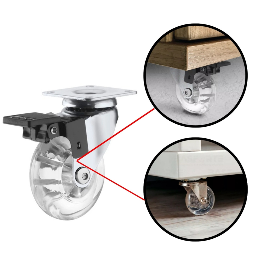 Kit 4 Rodizio Giratório Gel Rodinha Silicone 2 Com Trava 2 Sem Trava - 35mm 50mm