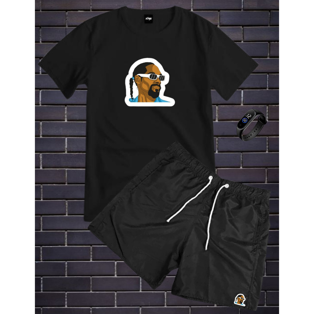 Conjunto Kit Masculino Snoop Dogg Camisa 100% Algodão Fio 30.1 + Bermuda Tactel Estampada + Relogio Digital a Prova D'a