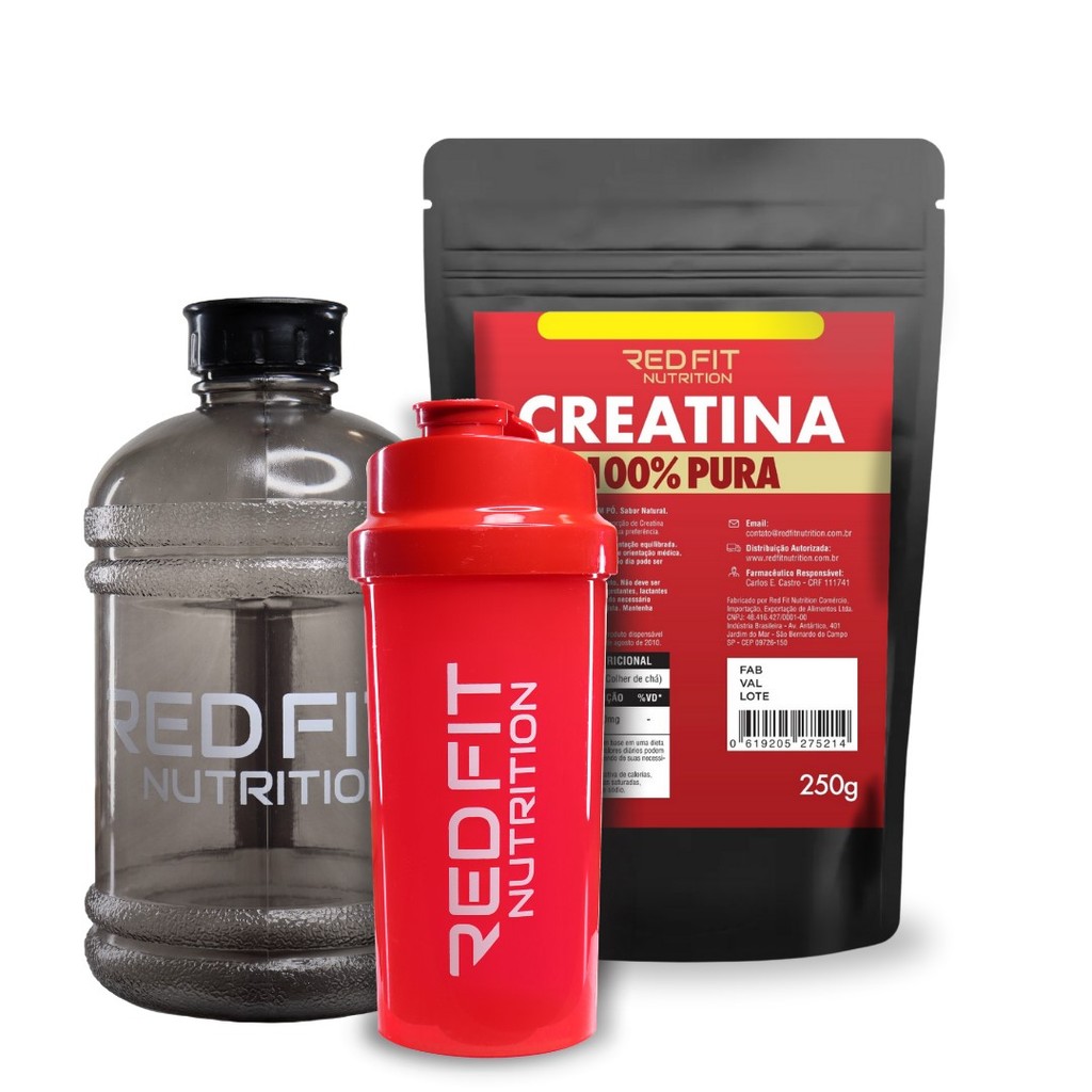 Creatina Monohidratada 250g Shaker Red 600ml Gallon Black 1,8L - 100% Pura Matéria-Prima Importada - Red Fit Nutrition
