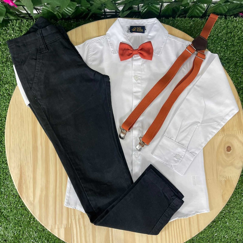 Calça Preta Camisa Branca Gravata Suspensório Terracota Batizado Pajem Casamento Formatura Menino Infantil