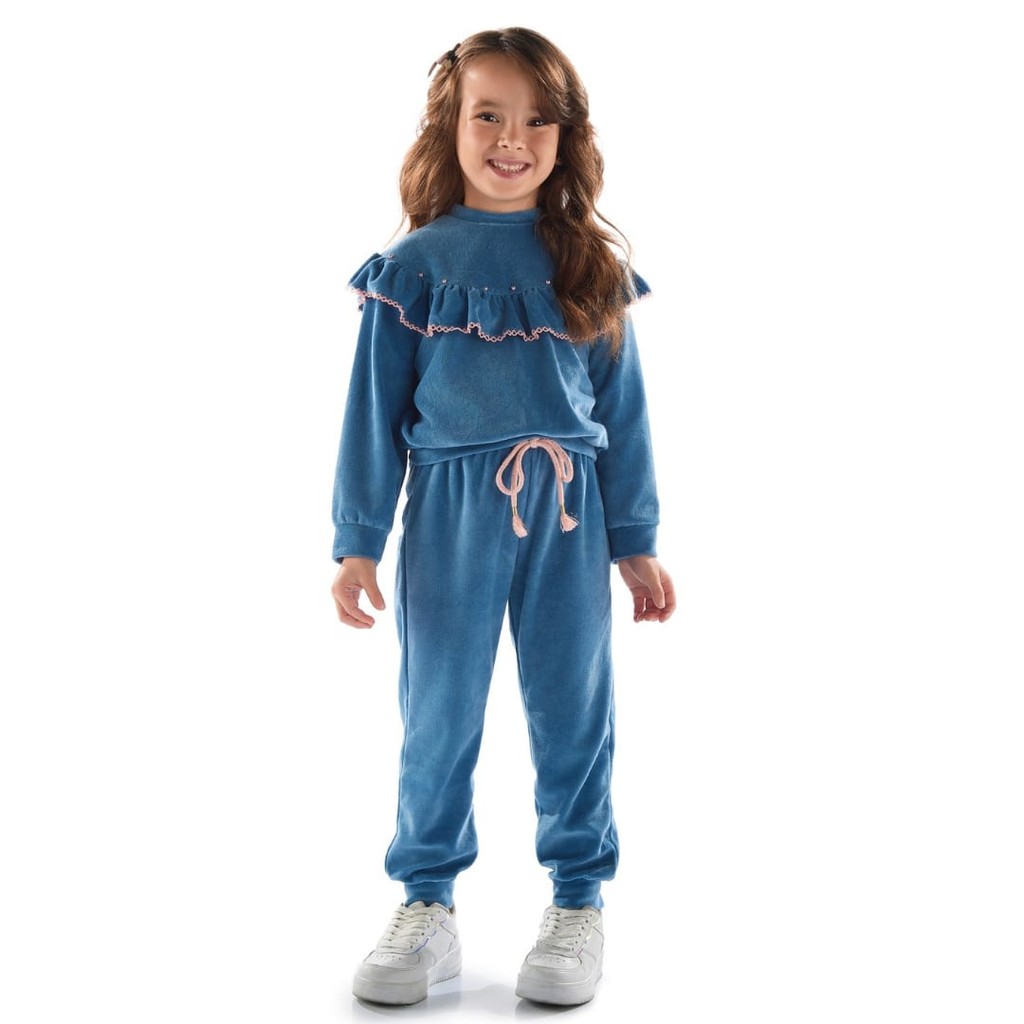 Conjunto Menina Blusão e Calça em Plush  Azul - Kiki Xodó.