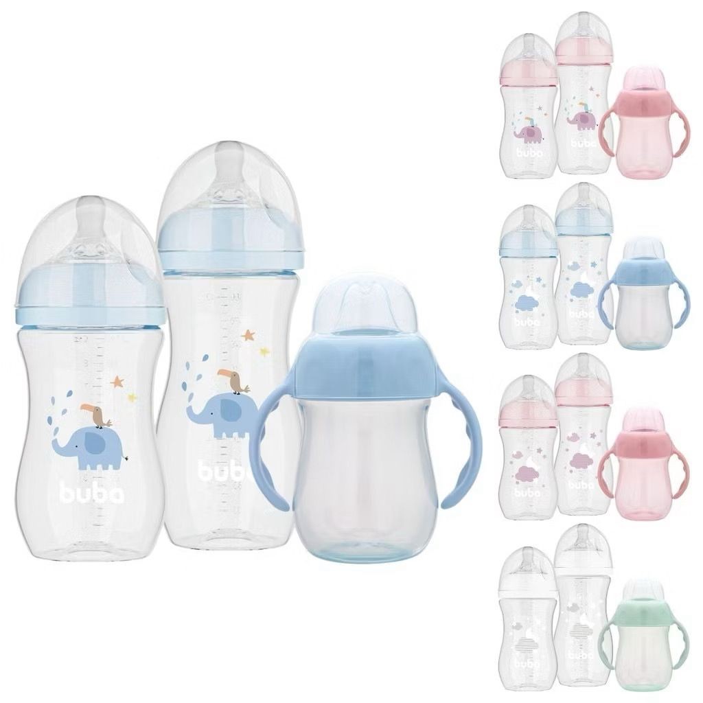 Kit 2 Mamadeiras Buba Easy Flow Anticólica 270ml 330ml e Copo  Treinamento c/Alça Bico Silicone 160