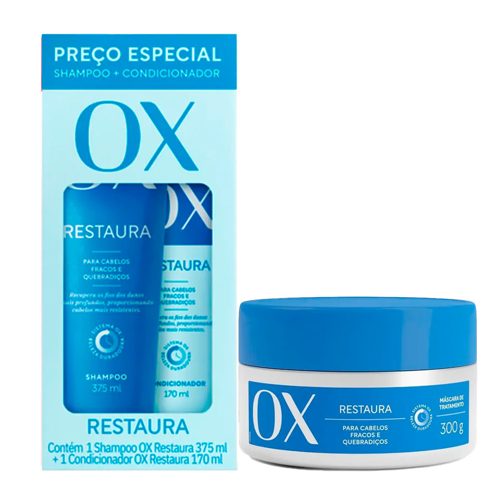 Kit Ox Shampoo 375ml e Condicionador Restaura 170ml  Mais Máscara Ox Restaura 300g - Beauty
