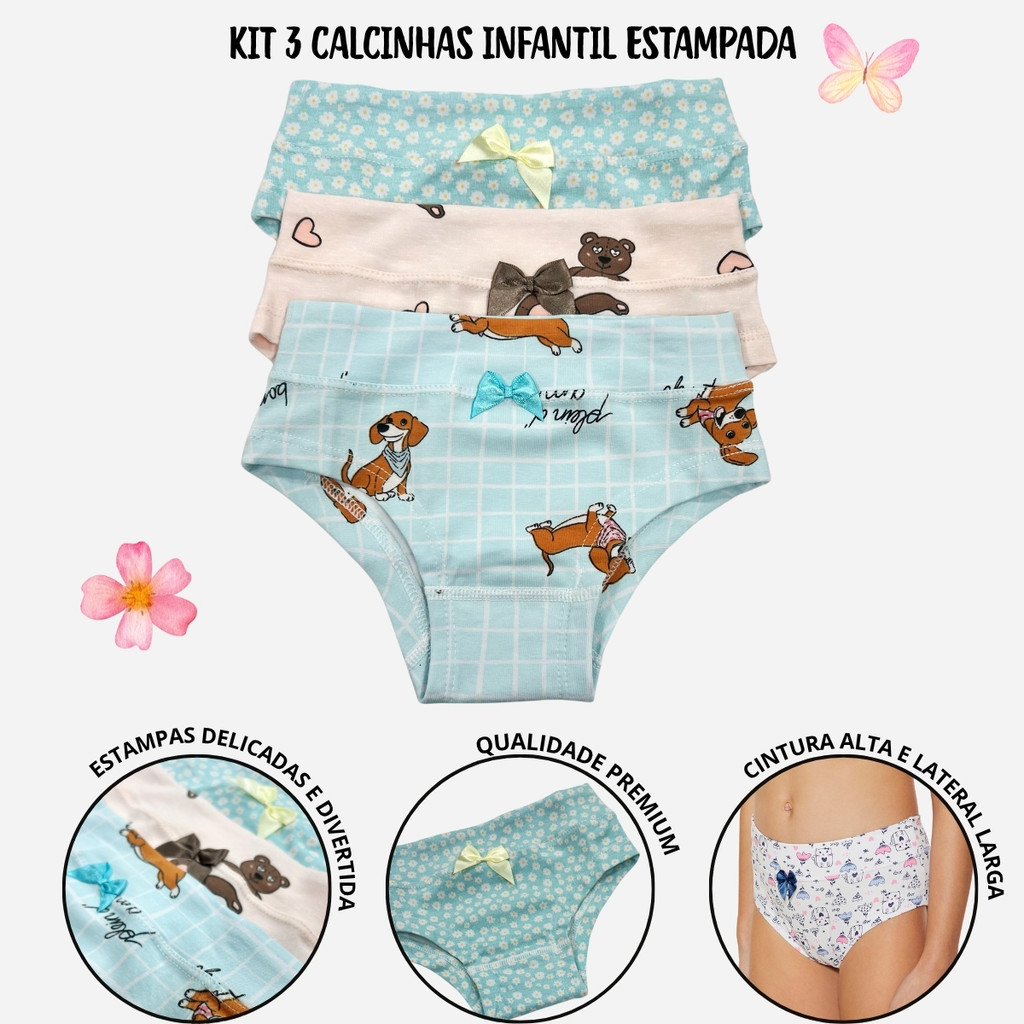 Kit 3 Calcinhas Estampadas Em Cotton Infantil Menina Confortável 1133-K3