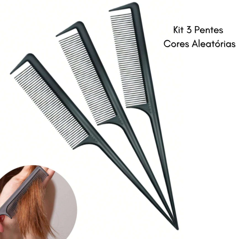 Kit 3 Pentes Profissional Com Dente Separador de Mechas Cabo Fino Reflexo Cores Aleatórias