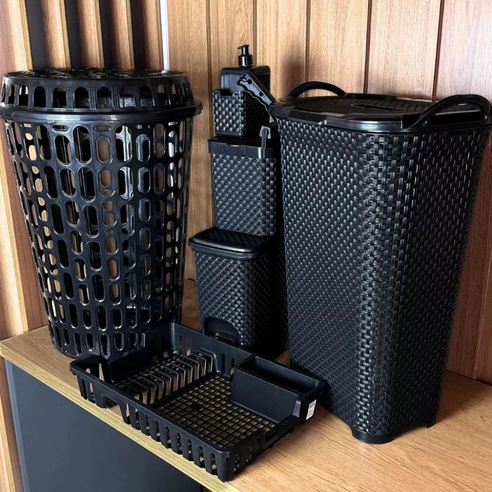 Kit Organização Lavanderia Cozinha Completo cesto de roupa, lixeira 7 e 5L, dispenser rattan e rodo em Oferta na Shopee