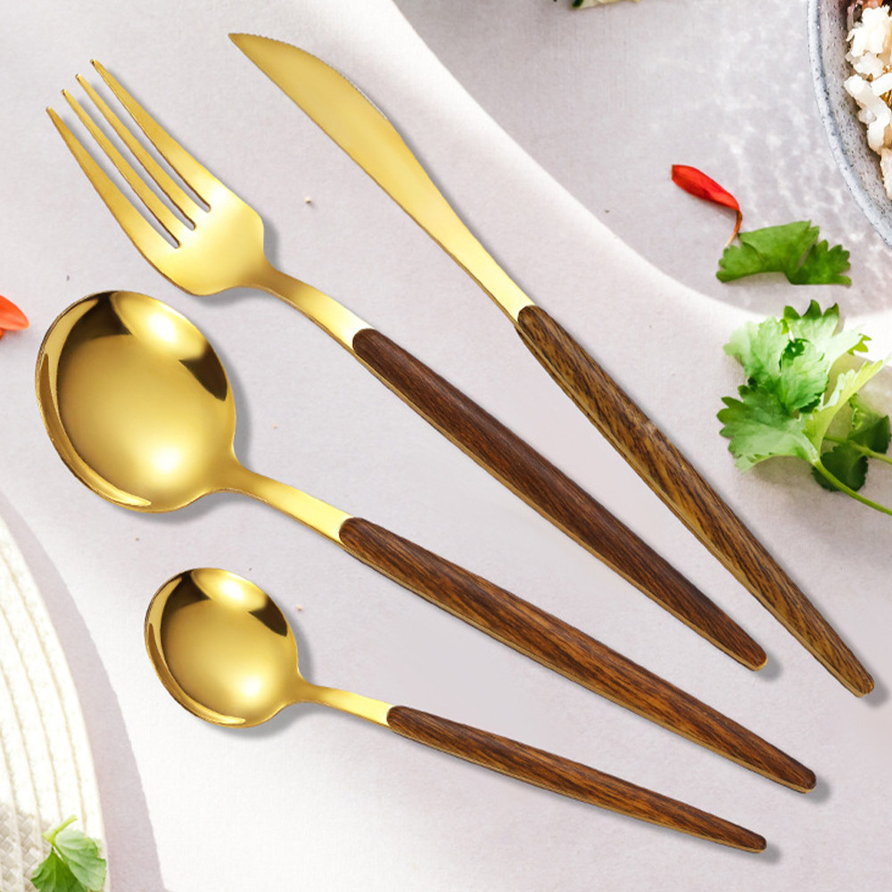 Kit 24 Peças Aço Inoxidável 430 Jogo De Talheres Ouro Negro Alças De Madeira  *-* ZemMart*-*