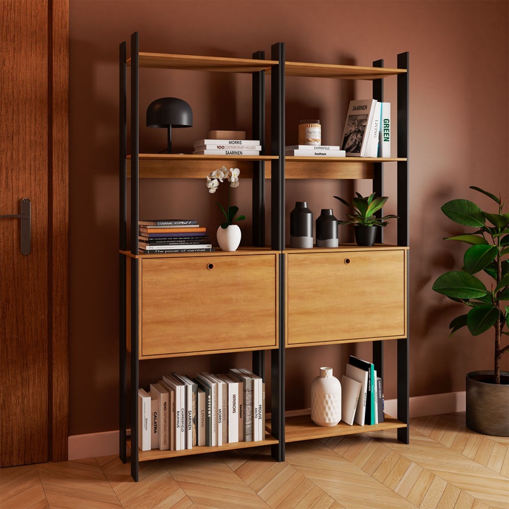 Estante para Livros Barcelos 2 Portas 6 Prateleiras Mel/Preto - Pnr Móveis em Oferta na Shopee