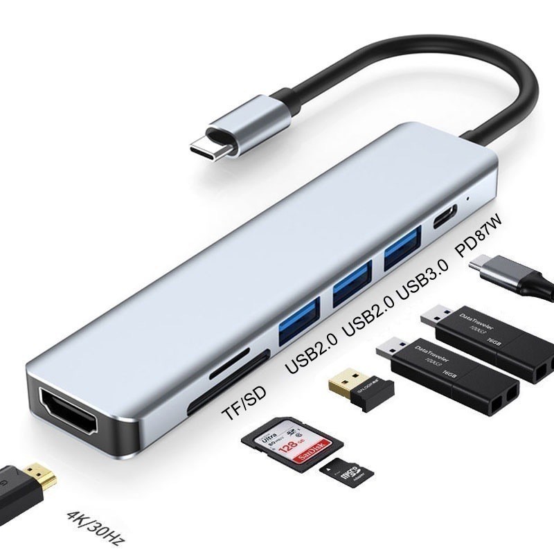 HUB 7 em 1 Tipo C USB HDTV 4K 30Hz Vídeo USB 3.0 USB 2.0 SD TF Cartão Slot Leitor de Dados USB-C