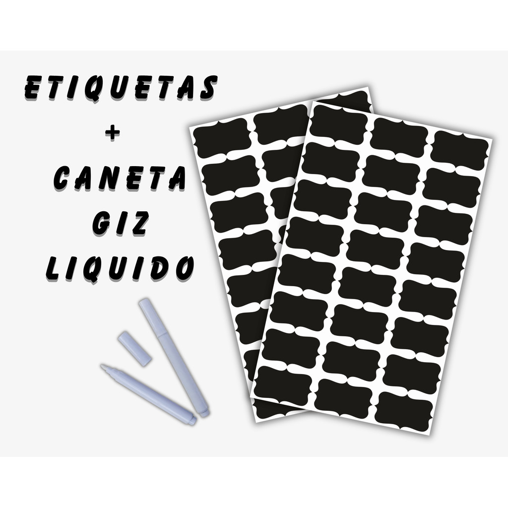 Etiqueta Adesiva Multiuso Lousa Preta+Caneta Giz Branca Apagavel Tempero Organizador Limpeza Mod 3