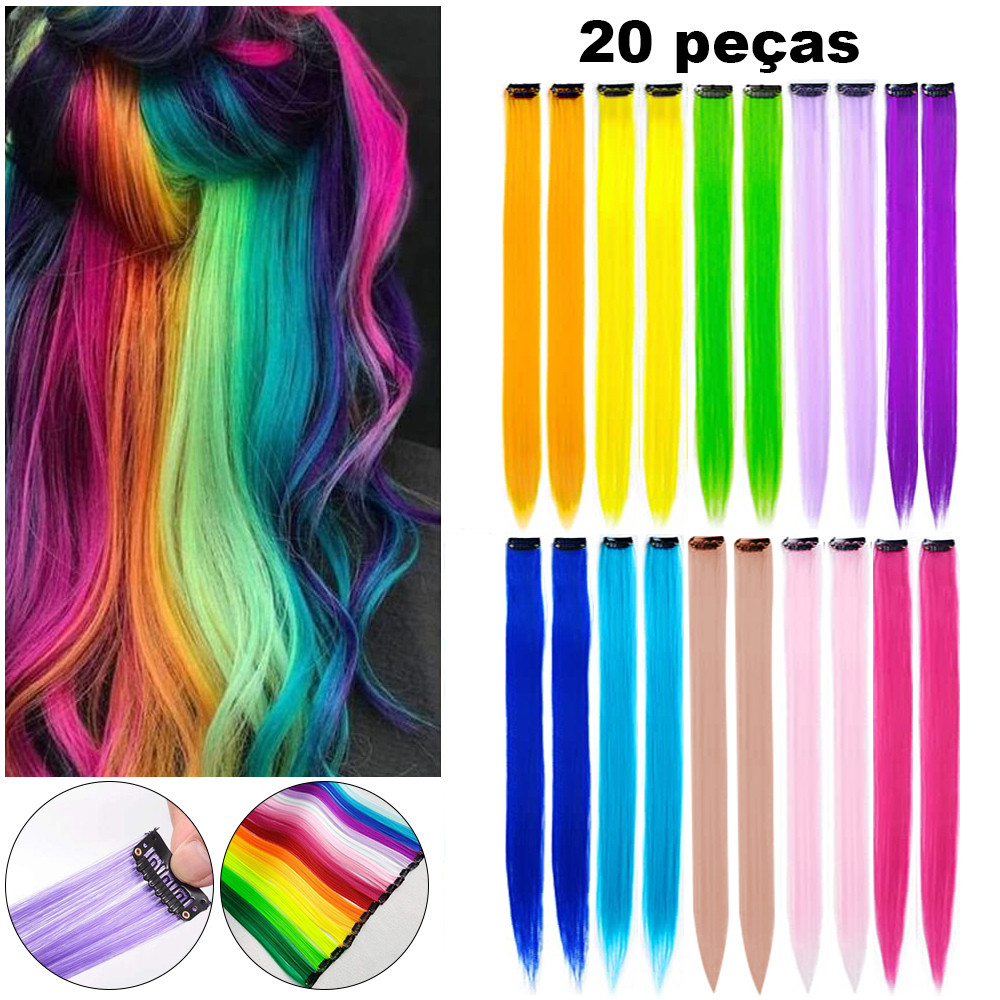 Extensões de cabelo colorido de 55 cm para cabelo liso, destaques de festa, extensões de cabelo sintético com clipe