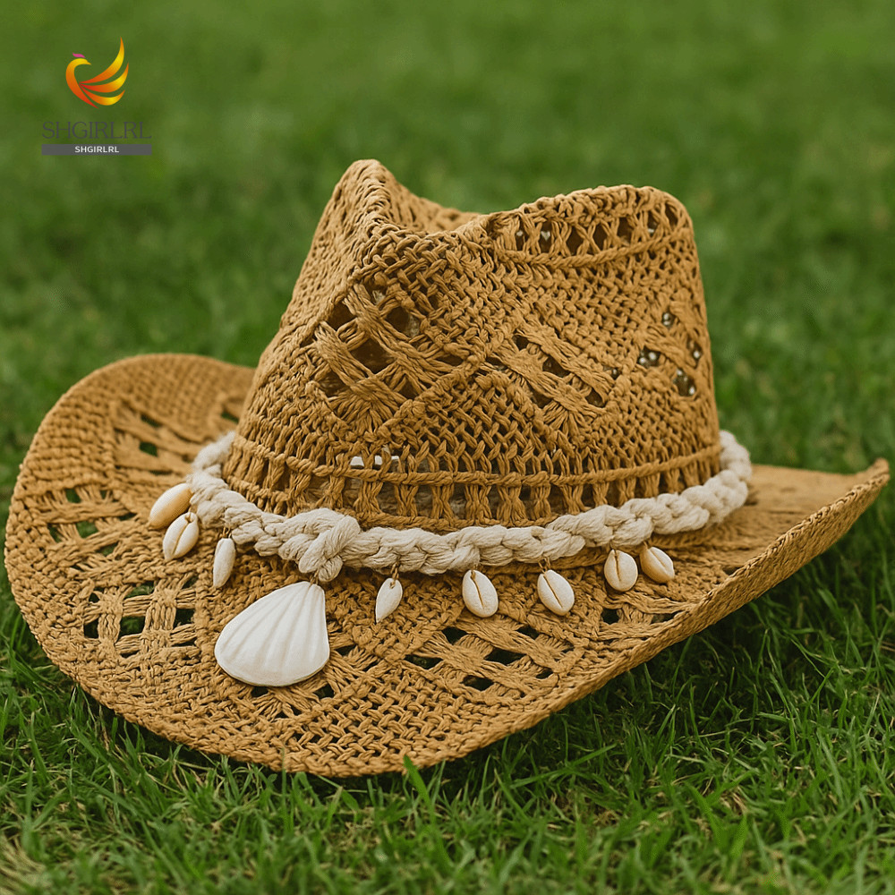 Chapéu De Palha De Cowboy SHGIRLRL , Sol De Praia Oco Concha Boêmio De Circunferência De Cabeça Grande De Aba em Oferta na Shopee