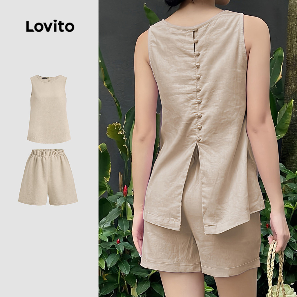 Lovito Conjuntos Casuais de Shorts com Botão Na Parte de Trás Divisão Primavera/verão caqui L137ED840 em Oferta na Shopee