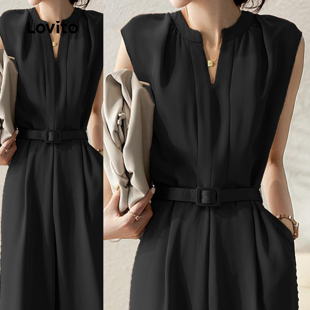 Lovito Macacão Preto Elegante De Bolso Liso Primavera/Verão Para Mulheres LNL103374 - Women Clothes