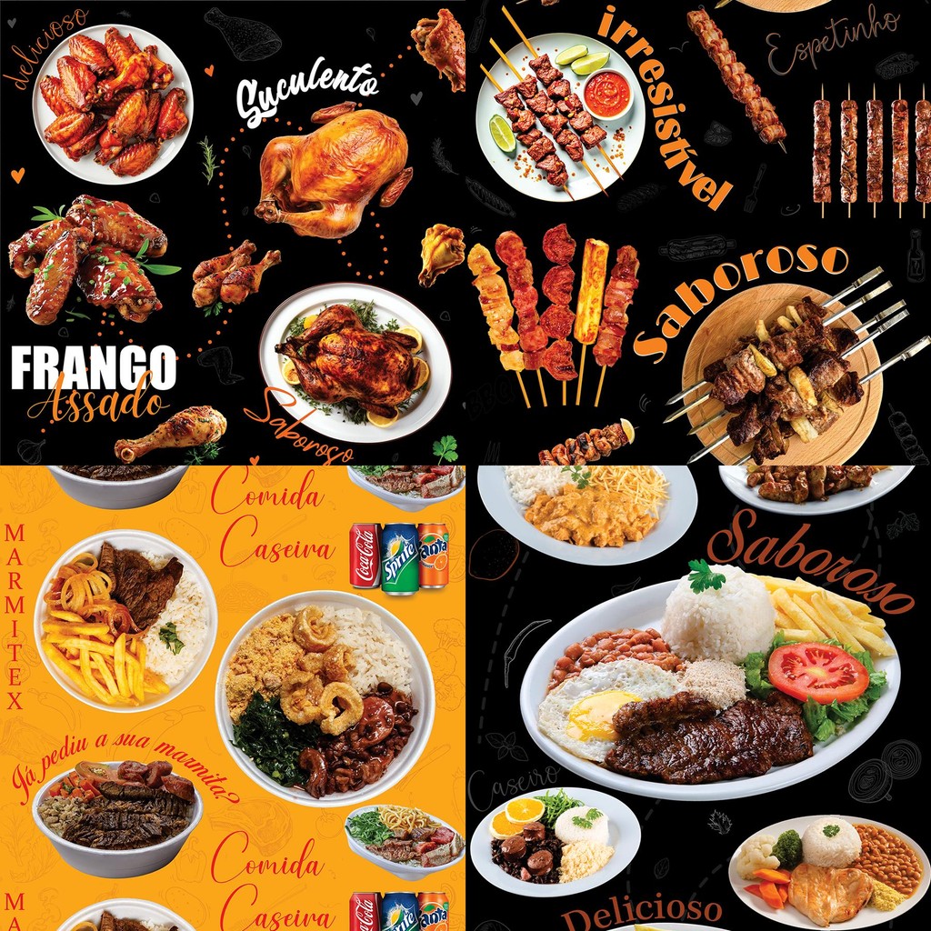 Papel de Parede Painel Adesivo Comércio Frango Assado Churrasco Espetinho Marmitex Patro Feito