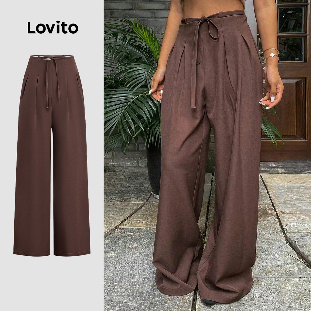 Lovito Calças Elegantes com Renda  Zíper e Fecho em Todos Os Estações  Calças Marrom para Mulheres LBL27164 - Women Clothes