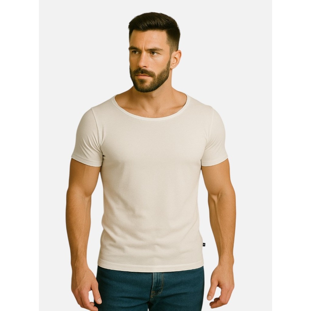 Camiseta Gola Canoa Masculina Viscose Elastano Slim Básica Manga Curta