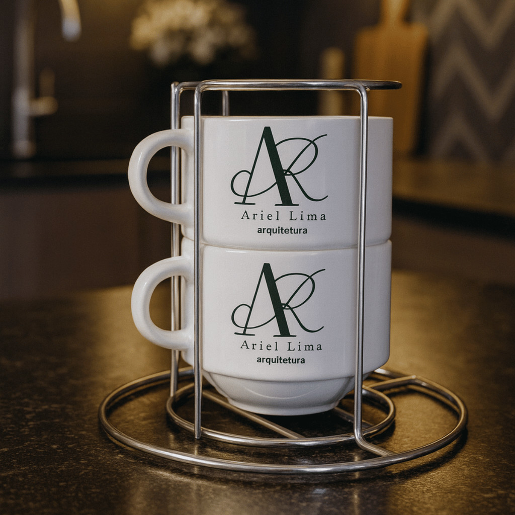 Xícara de Porcelana Logo Empresarial Personalizada Torre de Xícaras Cantinho do Café Logo
