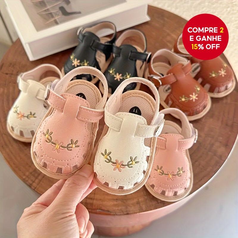 Sandálias De Bebê Antiderrapantes De Couro PU Mais Vendidas Com Flores Bordadas Para Crian...