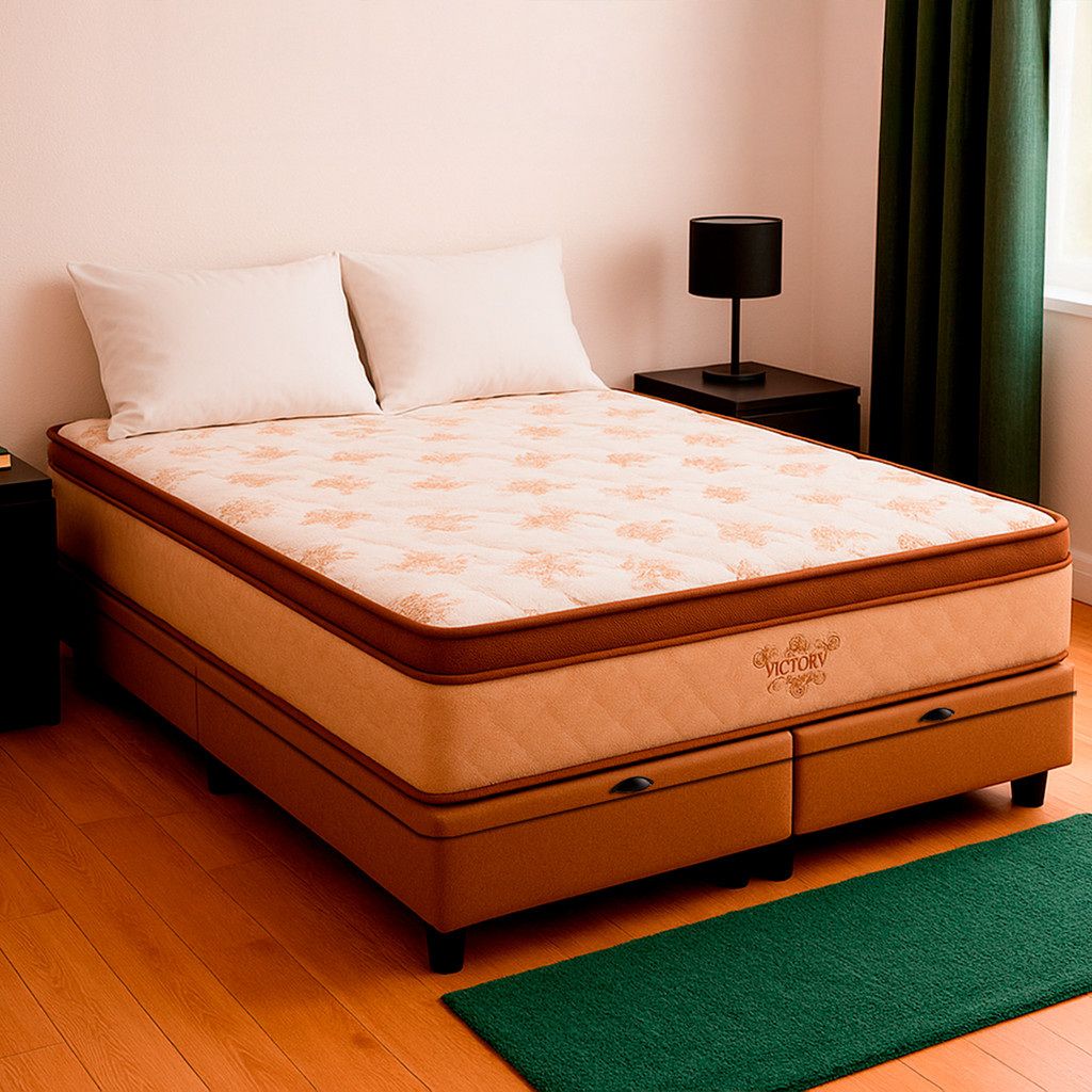 Cama Box Baú Queen Bege e Colchão Four Season Molas Vstore
