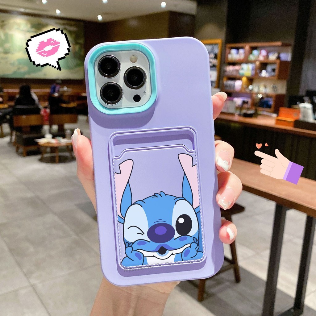 Capinha iphone 11/12/13/14/15 Pro max /Capa de telefone de silicone líquido com capa de cartão bonitinho Stitch
