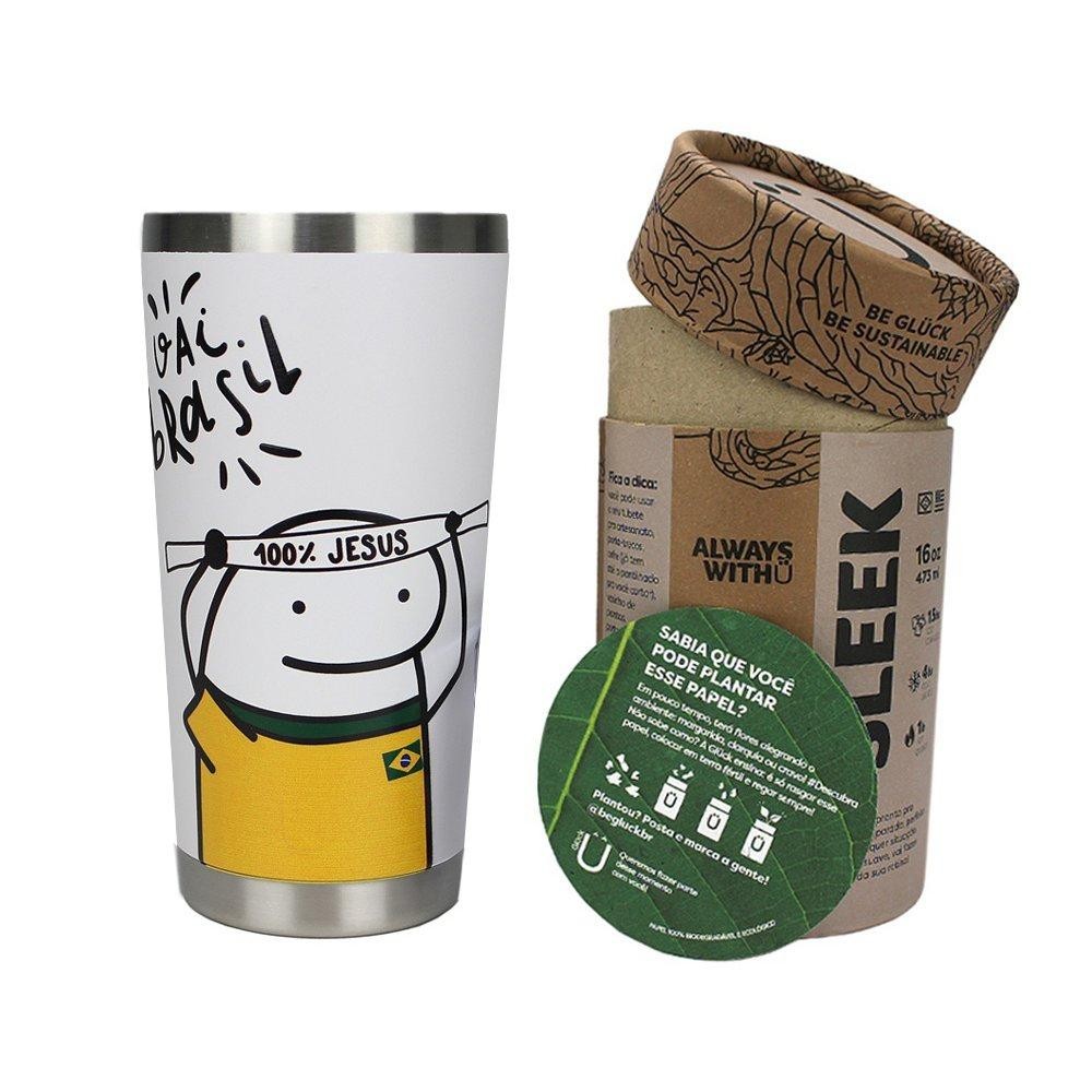 Copo Térmico Gluck Sleek Brasil Flork Fiel Inox 473ml 4h gel