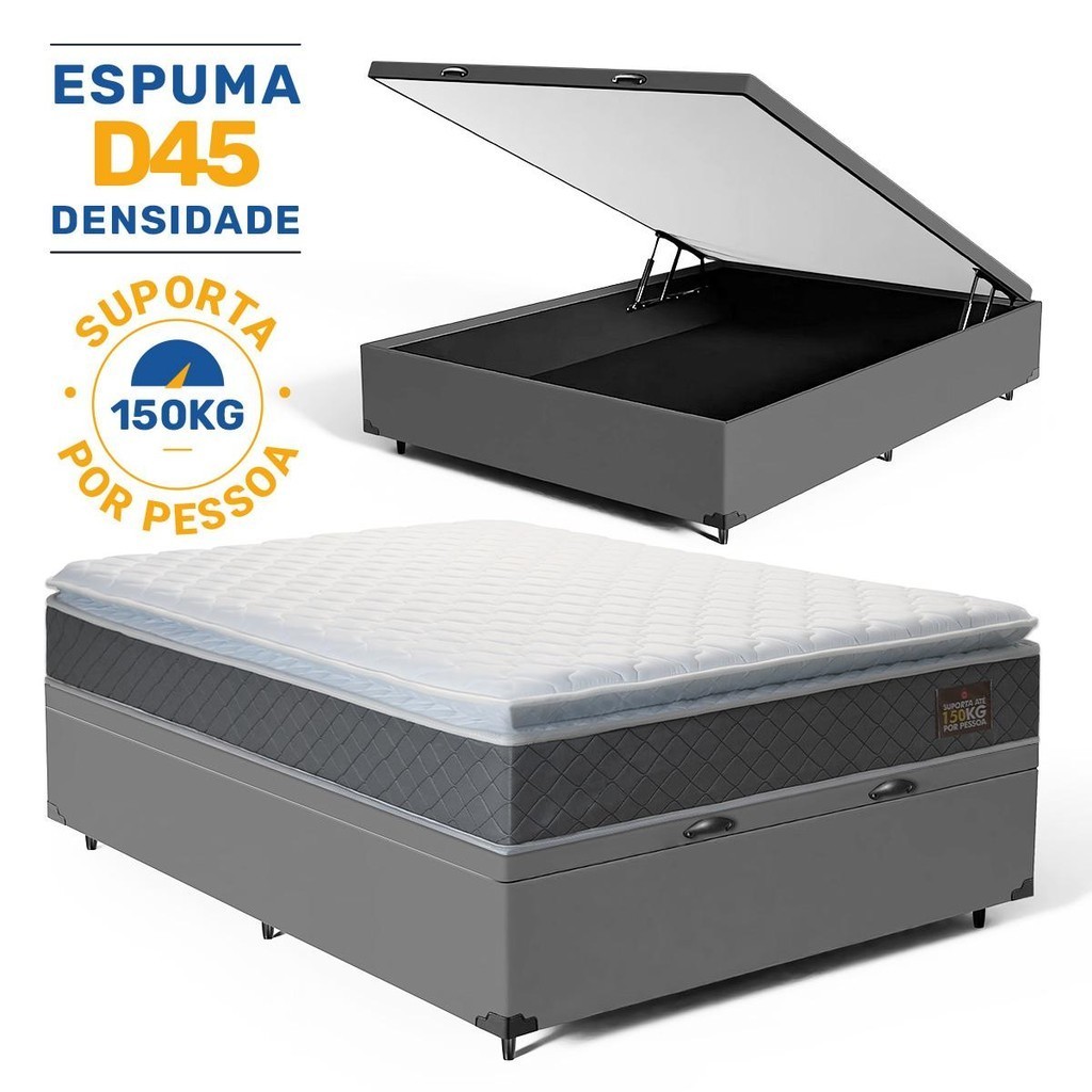 Cama Box Baú com Colchão de Espuma D45 Pillow Top Fort Comfort Casal 138cm em Oferta na Shopee