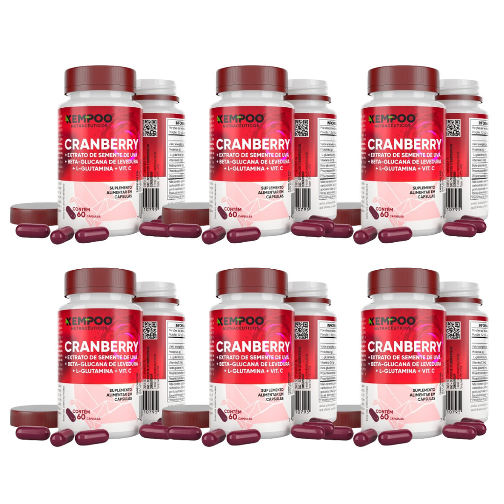 Kit Com 6 Cranberry Com L-Glutamina 60 Capsulas - Kempoo Nutracêuticos