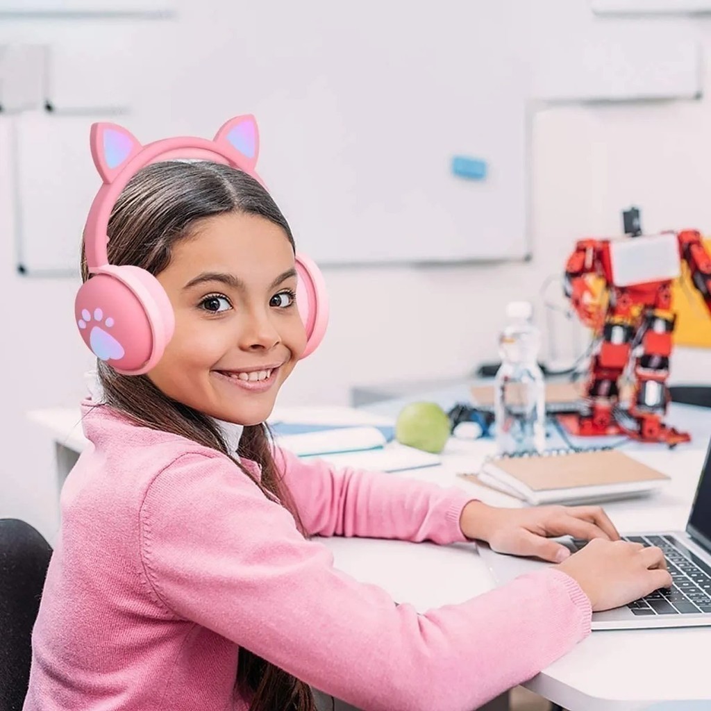 Fone de Ouvido Bluetooth de gatinho com Luz LED Colorido P2 Sem Fio Dobrável  Infantil Criança