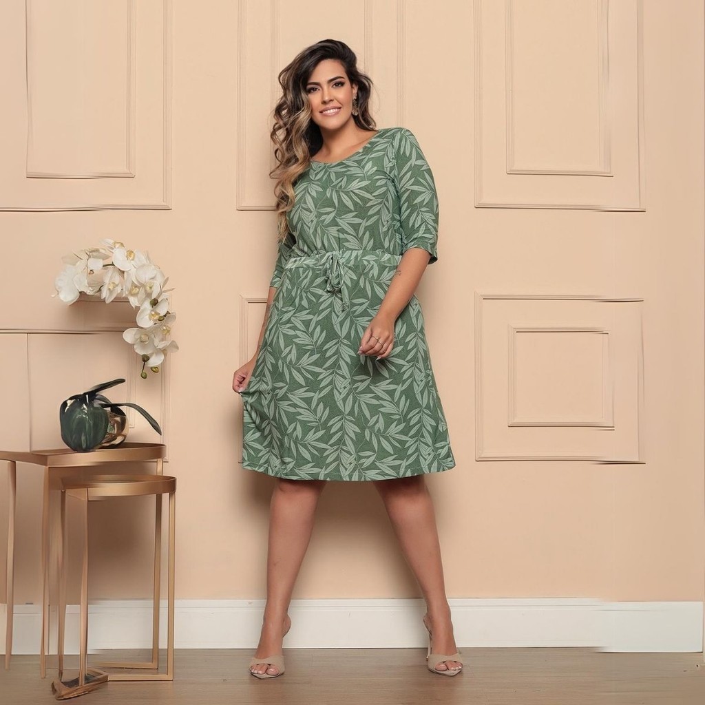 Vestido Plus Size Estampado Manga 3/4 Com Cordinha Na Cintura Estampa Sortida