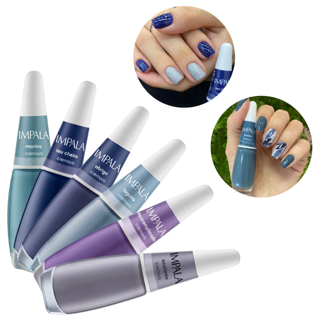 Kit 6 Esmaltes Impala Cores Azuis Acinzentadas Tons Clássicos Tendência Inverno Manicure Pedicure