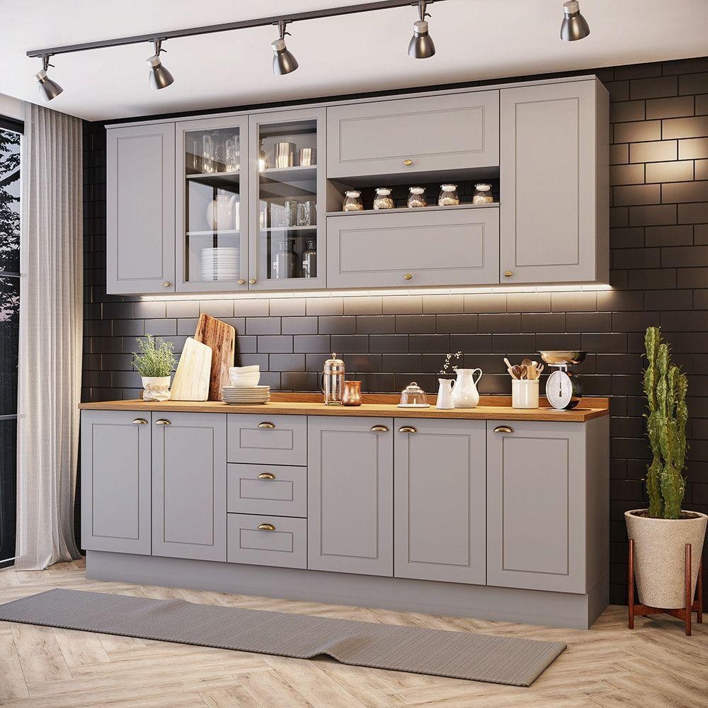 Cozinha Compacta 7 Peças Com Aéreo 3 Portas Com Vidro Amy Casa 812 Cinza em Oferta na Shopee
