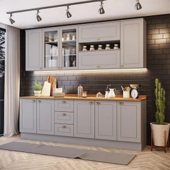 Cozinha Compacta 7 Peças Com Aéreo 3 Portas Com Vidro Amy Casa 812 Cinza