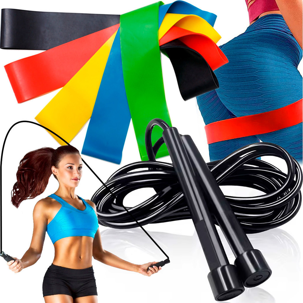 Kit 5 Elástico Para Treino Exercícios Malhar Musculação Casa + Corda de Pular Crossfit Funcional