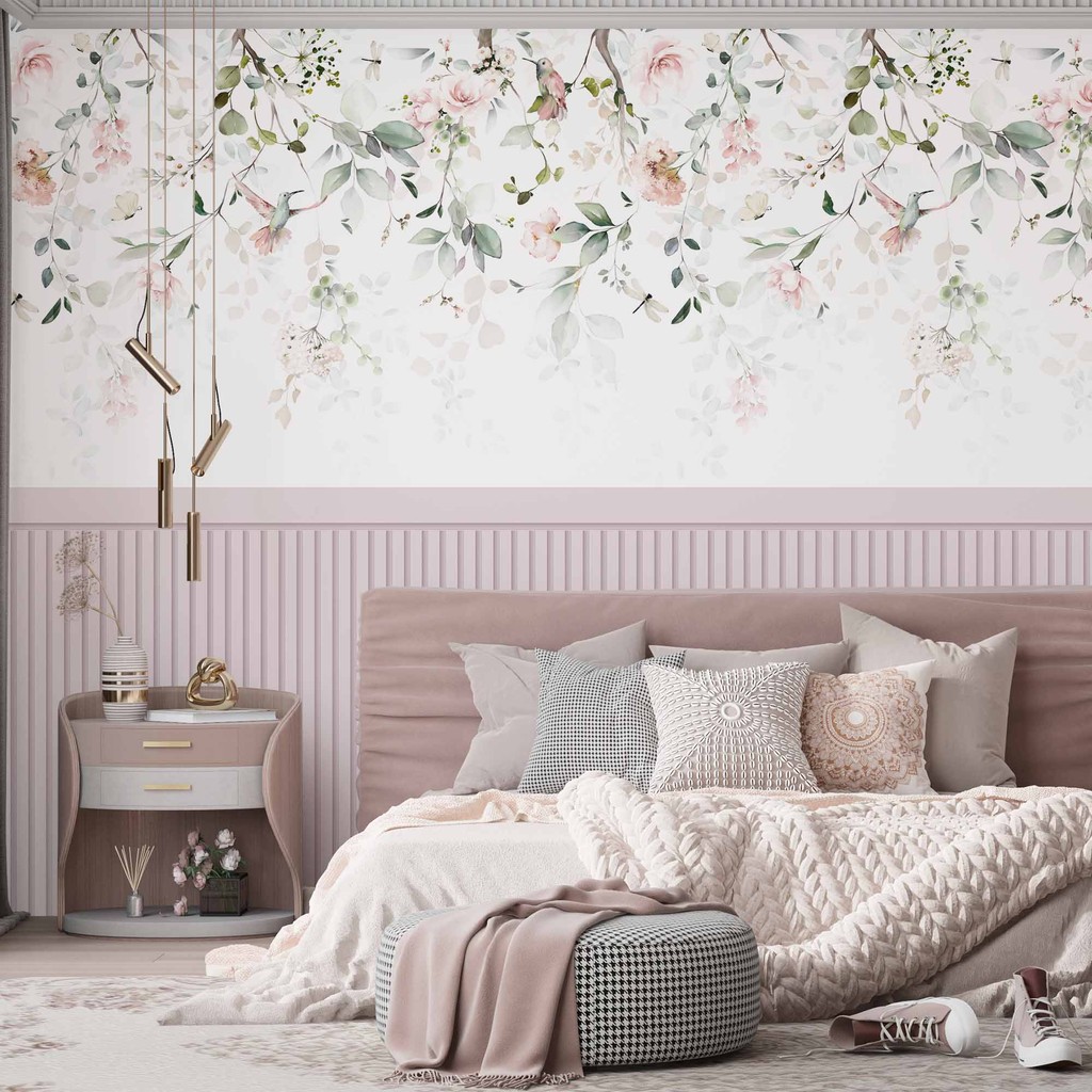 Papel de Parede Adesivo Ripado Floral Rosa Bebê