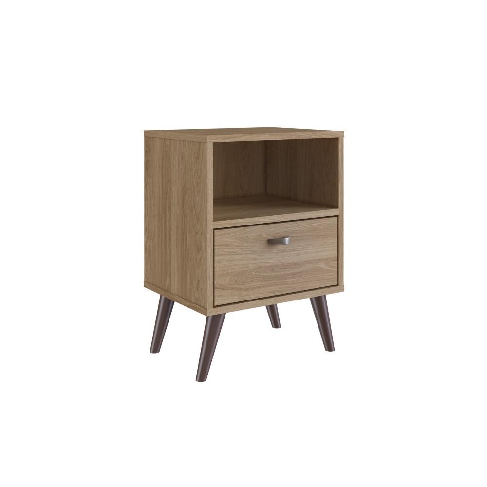 Mesa de Cabeceira Pequena Apoio Lateral Com 1 Nicho 1 Gaveta 4 Pés Quarto Marrom