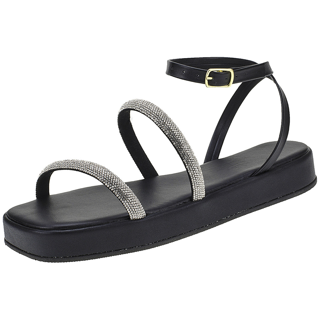 Sandalia Feminina Flatform Rasteira Strass Tiras Brilho Glam Confortável Papete Original Allpasso
