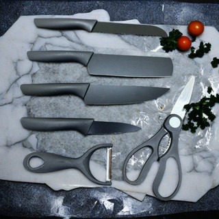 Kit Facas Coloridas Inox 6 Peças Chef Cutelo Faca de Pão Faca de Frutas Descascador Tesoura Cozinha Profissional
