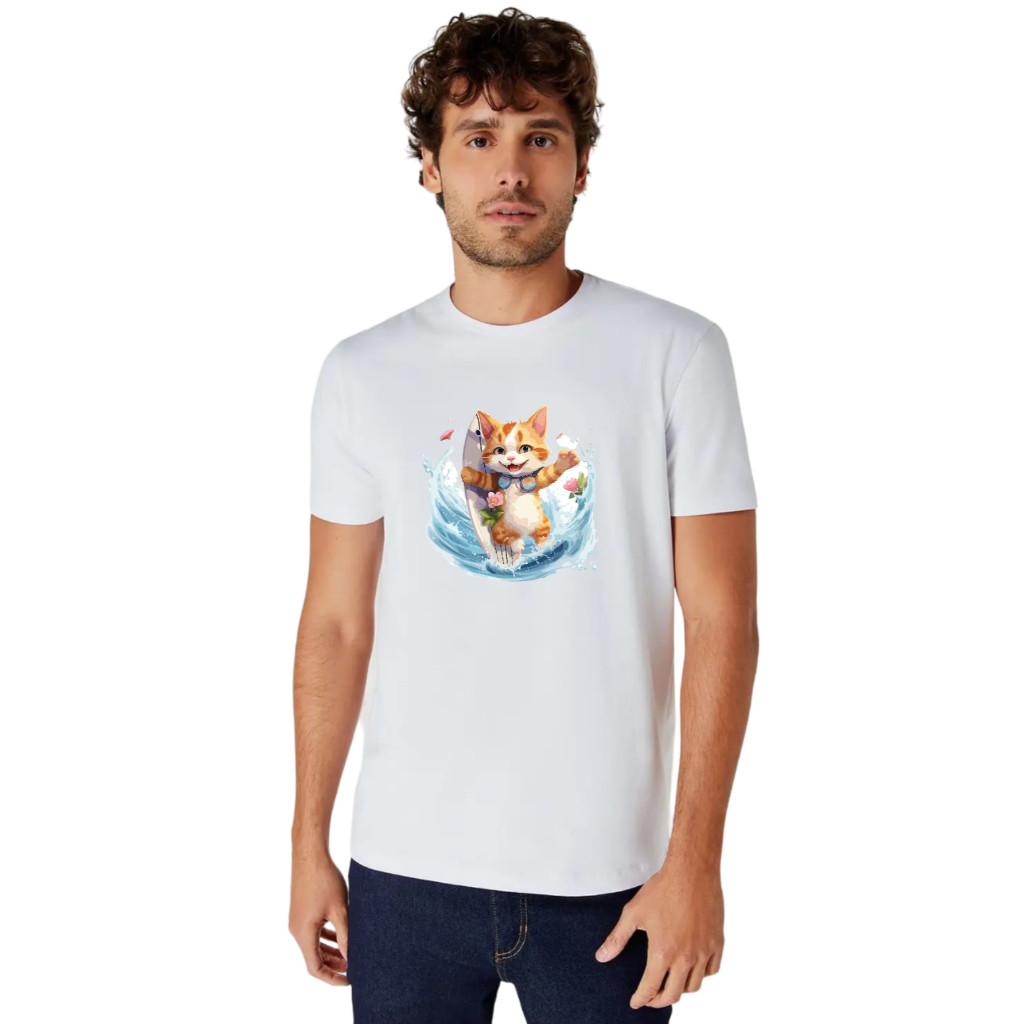 Camiseta Gato Surfista Camisa Estampada Unissex T-Shirt Baby Look 100% Algodão Macio Confortável