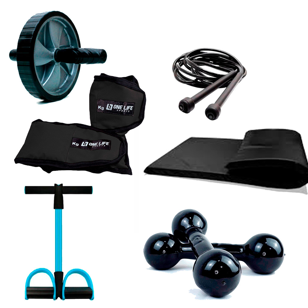 Kit Aeróbico Caneleira de 2kg  + Halter de 1kg + Colchonete + Roda +Extensor + Corda