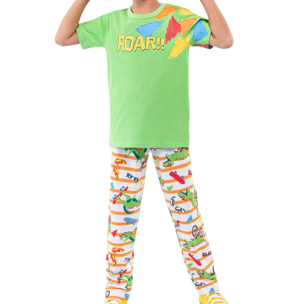 Pijama Veggi Infantil Meninos com Calca Dinossauros Verao Estampado Algodao Moderno Classico Basico Dia das Criancas Toque Suave Leve Macio Confortavel Roupa Dormir